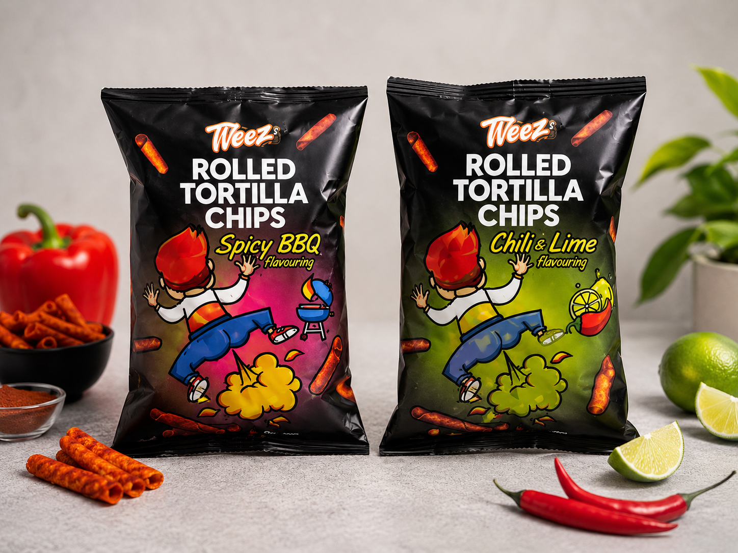 Tveez Rolled Tortilla Chips – Spicy BBQ & Chili Lime