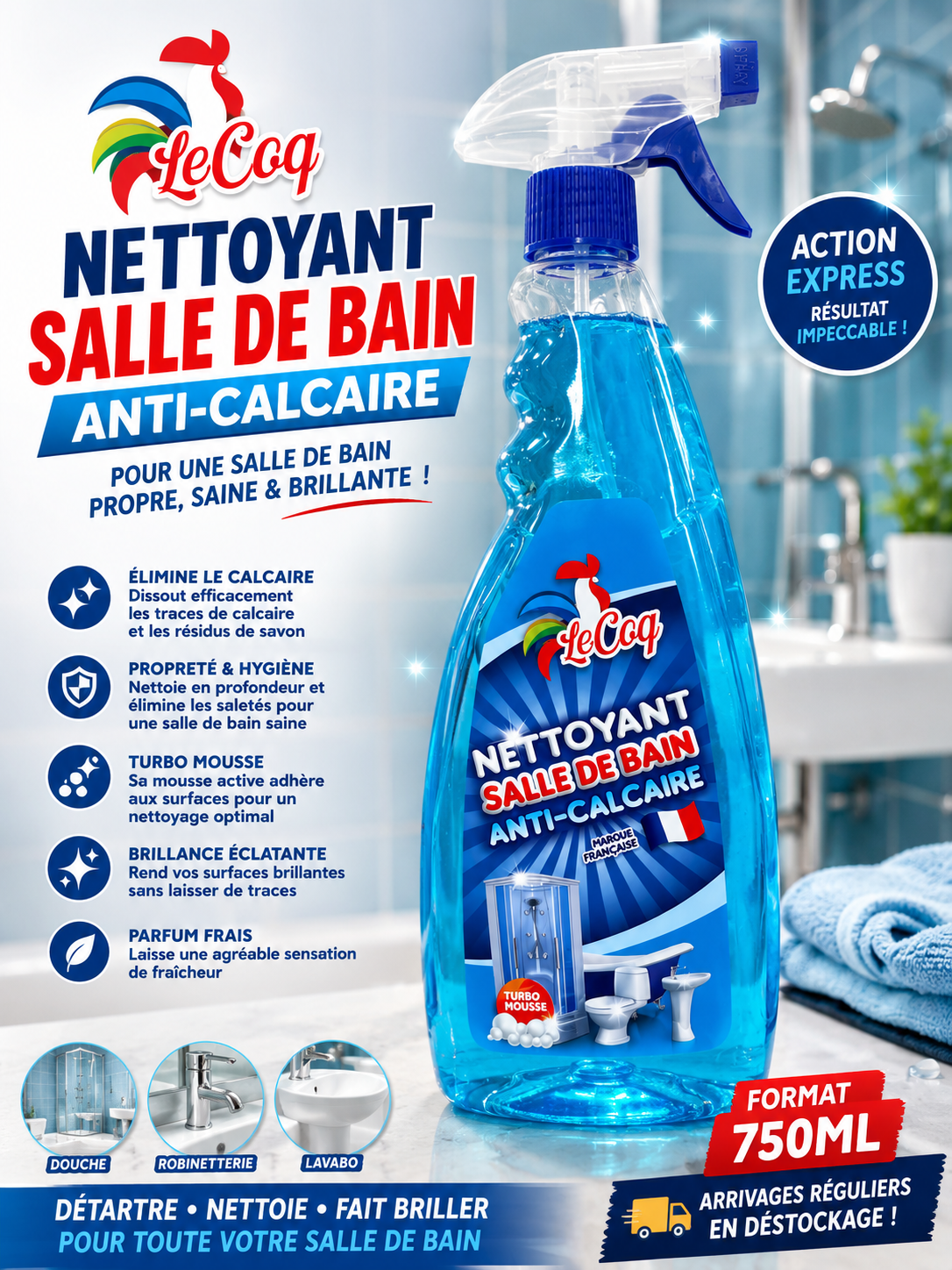 NETTOYANT SALLE DE BAIN ANTI-CALCAIRE LE COQ 750ML