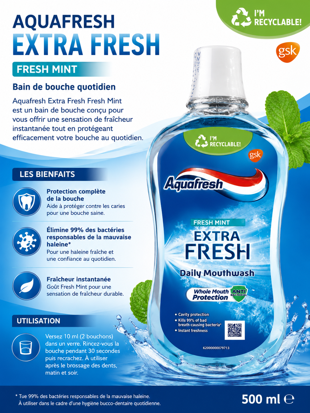 Bain de bouche Aquafresh Extra Fresh Fresh Mint