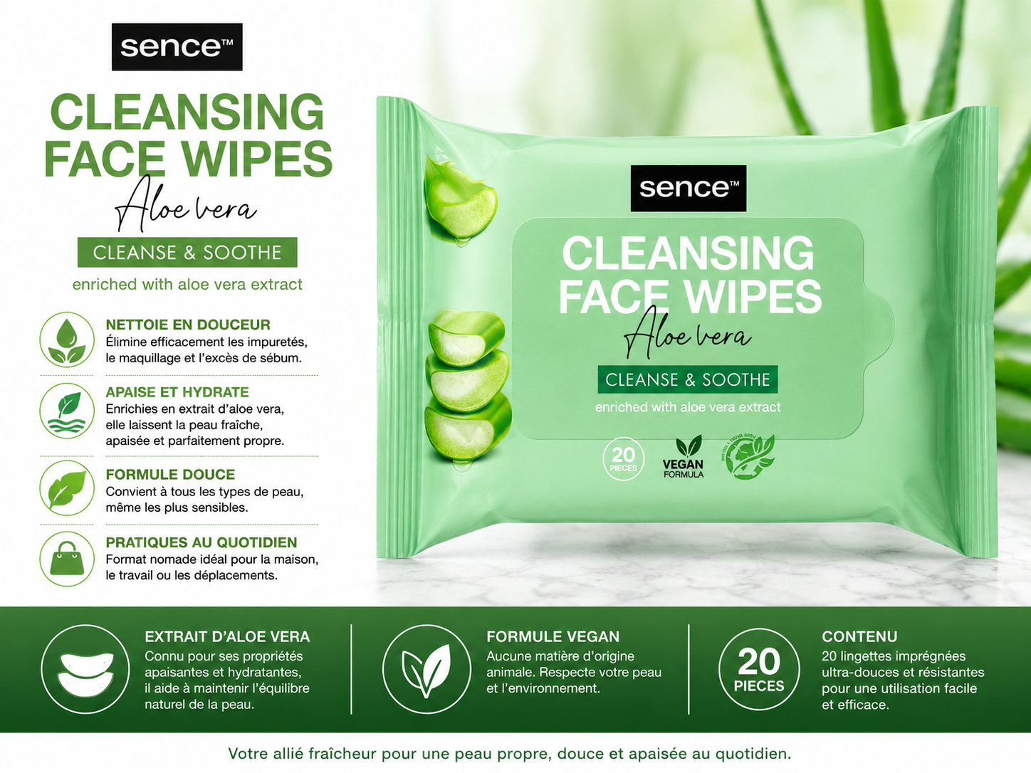 Lingettes nettoyantes Sence Aloe Vera
