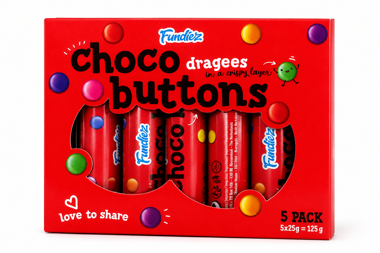 Choco Buttons Fundiez – 5 Tubes de Dragées Chocolatées