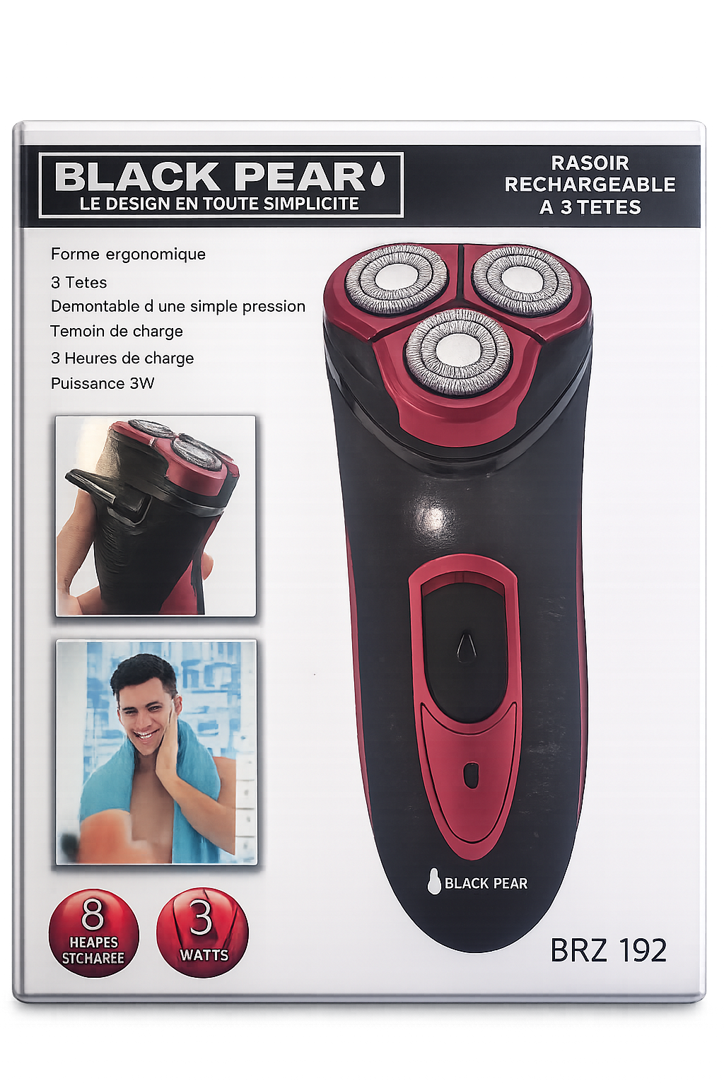 Rasoir Électrique Rechargeable 3 Têtes Black Pear BRZ192